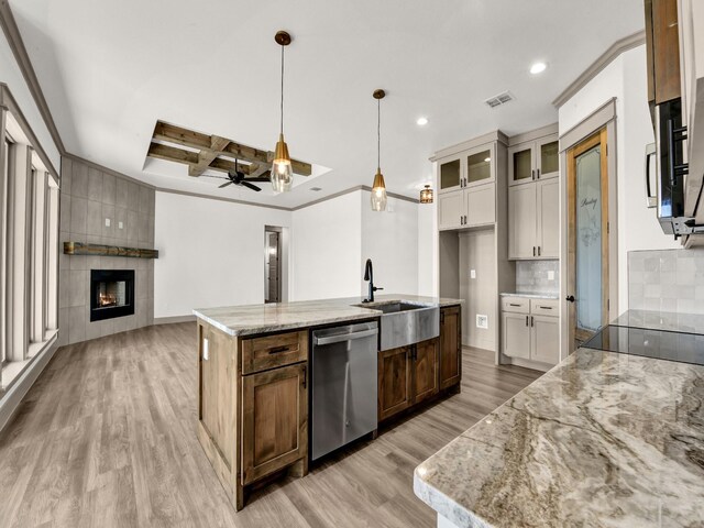 bathroom with separate shower and tub, vanity, and hardwood / wood-style floors