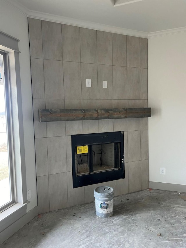 interior details with crown molding and a large fireplace