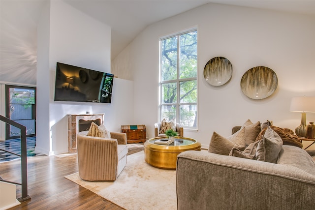 living room featuring hardwood / wood-style floors and vaulted ceiling