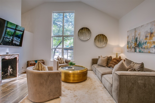 living room with hardwood / wood-style flooring and vaulted ceiling