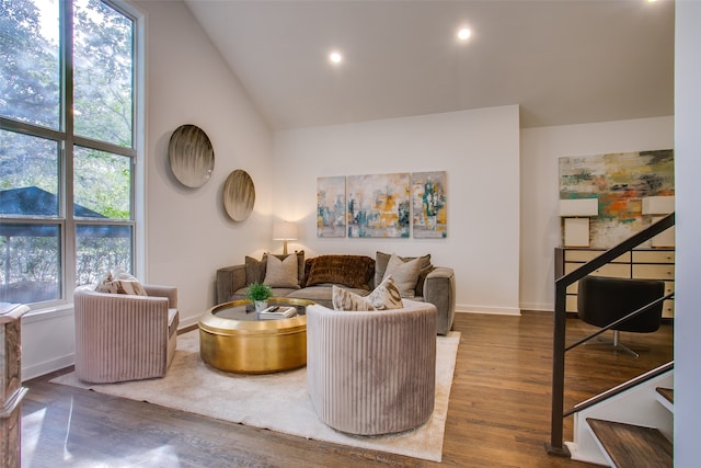 living room with hardwood / wood-style flooring and high vaulted ceiling