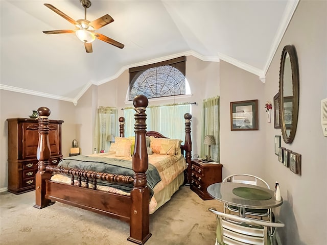 carpeted bedroom with crown molding, ceiling fan, and lofted ceiling