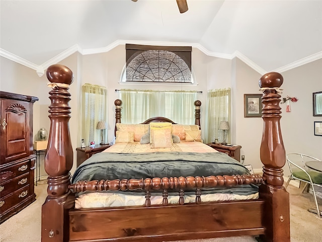 bedroom featuring ornamental molding, vaulted ceiling, and light colored carpet