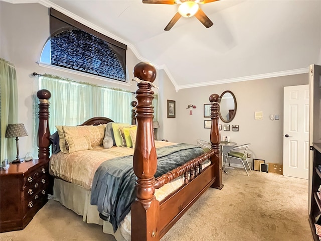 bedroom featuring ceiling fan, light colored carpet, lofted ceiling, and crown molding