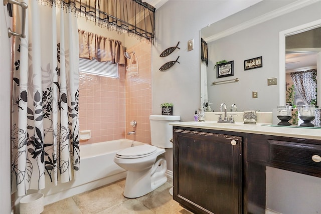 full bathroom with toilet, ornamental molding, vanity, shower / bath combination with curtain, and tile patterned flooring