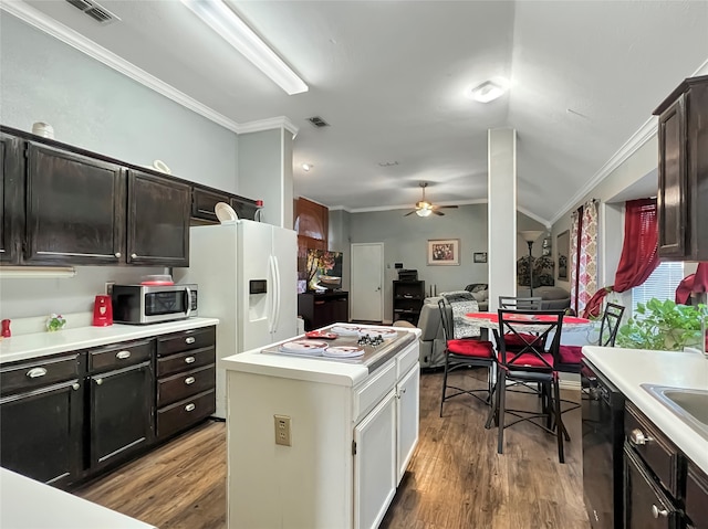 kitchen with dishwasher, wood-type flooring, ceiling fan, and crown molding