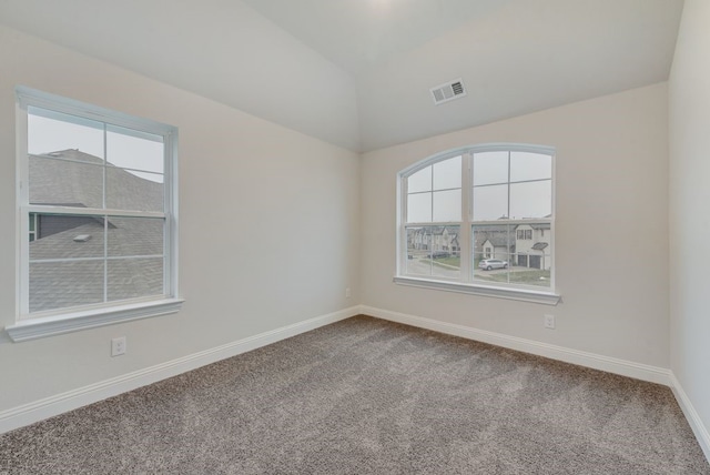 carpeted spare room with lofted ceiling and a healthy amount of sunlight