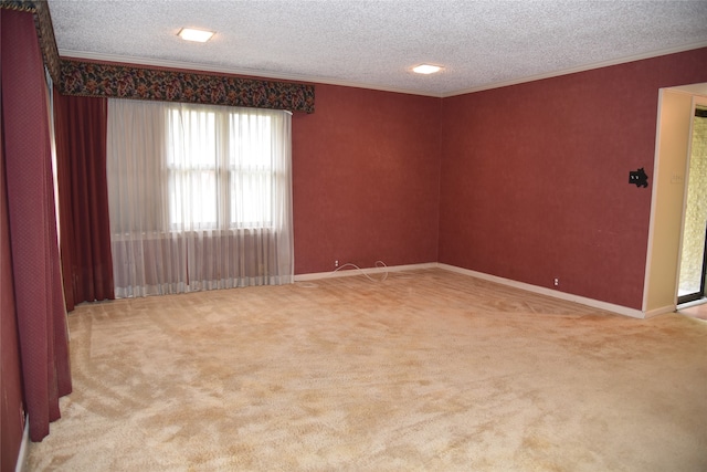 spare room featuring a textured ceiling, ornamental molding, and light carpet