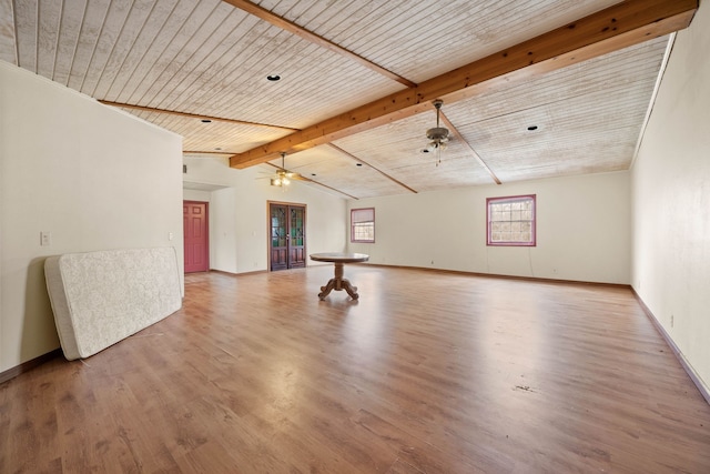 spare room featuring wooden ceiling, lofted ceiling with beams, baseboards, and wood finished floors