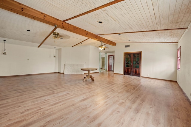 spare room featuring vaulted ceiling with beams, visible vents, a ceiling fan, light wood-type flooring, and wooden ceiling