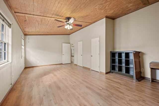 unfurnished living room featuring wooden ceiling, ceiling fan, baseboards, and light wood-style floors