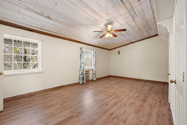 empty room featuring crown molding, wood ceiling, light wood-style flooring, and a healthy amount of sunlight