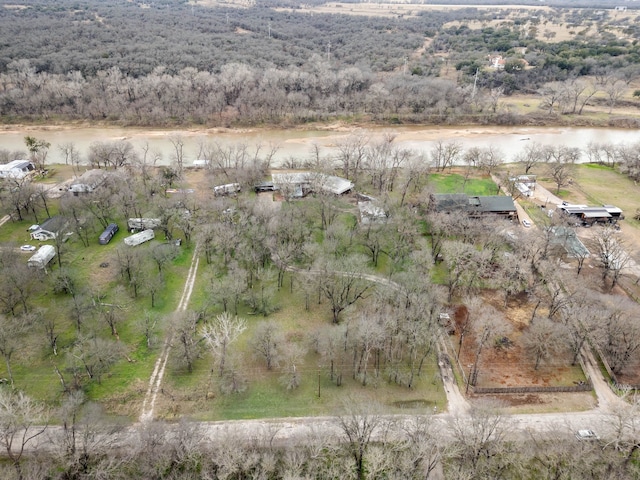 birds eye view of property with a water view and a view of trees