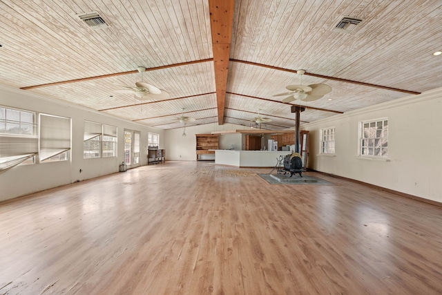 unfurnished living room with lofted ceiling, wood ceiling, ceiling fan, wood finished floors, and a wood stove