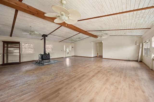 unfurnished living room with wood ceiling, a wood stove, and wood finished floors