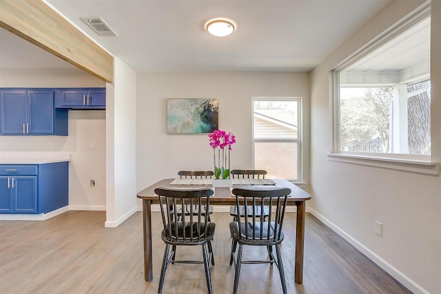 dining room with light wood-style flooring, visible vents, and baseboards