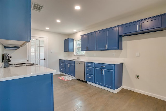 kitchen with blue cabinetry, visible vents, range with electric cooktop, and stainless steel dishwasher