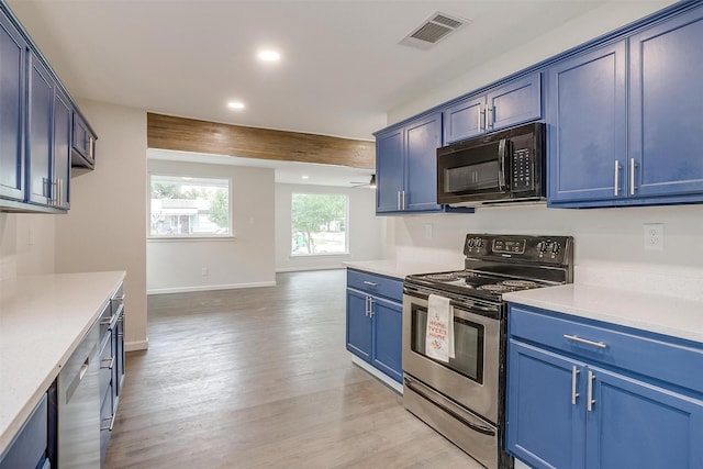 kitchen with light hardwood / wood-style floors, stainless steel appliances, blue cabinetry, ceiling fan, and beam ceiling