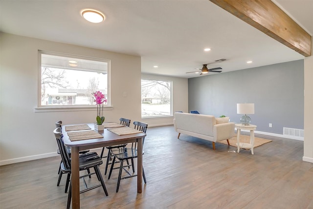 dining area featuring baseboards, visible vents, wood finished floors, and recessed lighting