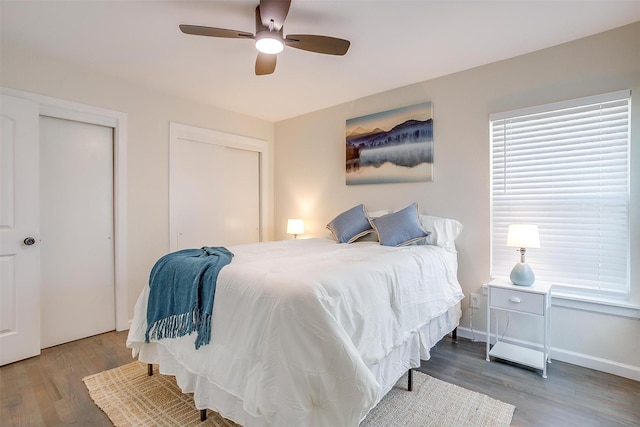 bedroom with multiple closets, baseboards, a ceiling fan, and wood finished floors