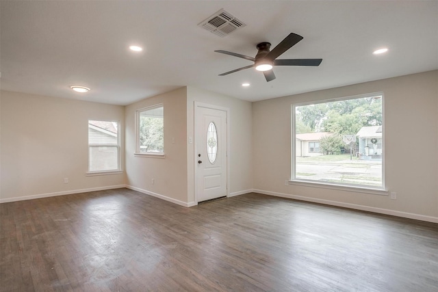 entrance foyer with dark wood-type flooring and ceiling fan