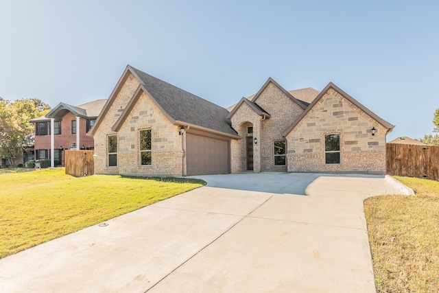 view of front of house with a front yard and a garage