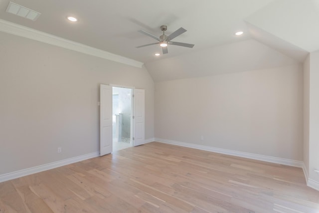 609 Keel Way, Azle, TX 76020 - unfurnished bedroom with vaulted ceiling, recessed lighting, light wood-style floors, ensuite bath, and ornamental molding