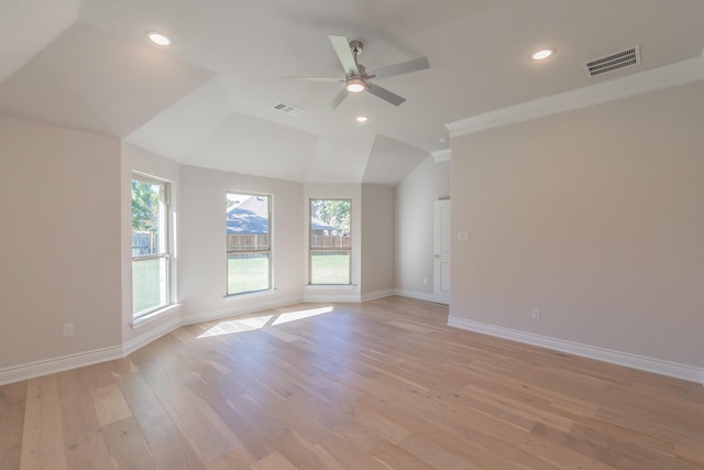 609 Keel Way, Azle, TX 76020 - unfurnished room with healthy amount of natural light, a ceiling fan, light wood-style floors, vaulted ceiling, and recessed lighting