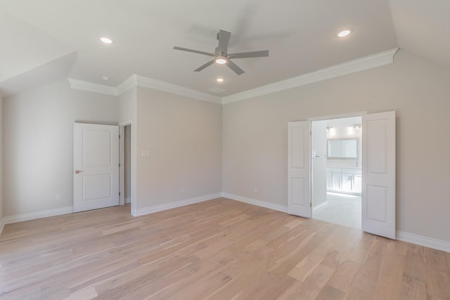 609 Keel Way, Azle, TX 76020 - unfurnished bedroom featuring light wood-style floors, ornamental molding, recessed lighting, vaulted ceiling, and ceiling fan