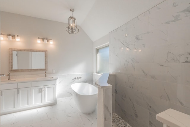 609 Keel Way, Azle, TX 76020 - full bathroom with a freestanding bath, lofted ceiling, walk in shower, double vanity, and marble finish flooring