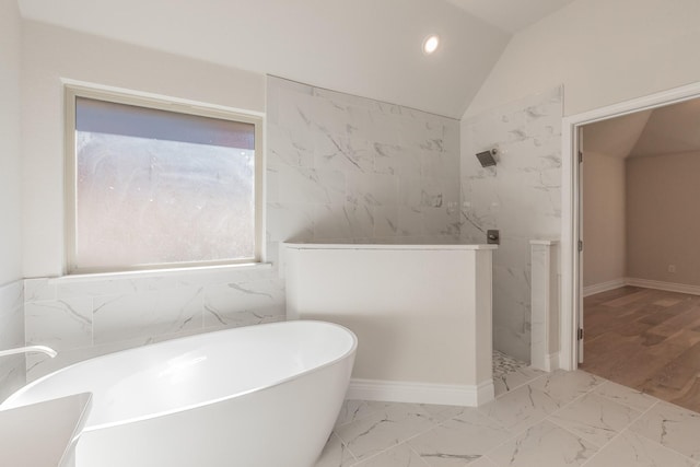 609 Keel Way, Azle, TX 76020 - full bath featuring a soaking tub, walk in shower, marble finish flooring, recessed lighting, and vaulted ceiling