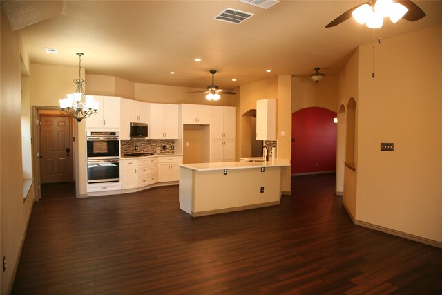 10133 Sanden, Mckinney, TX 75072 - kitchen featuring appliances with stainless steel finishes, arched walkways, ceiling fan with notable chandelier, and dark wood-type flooring
