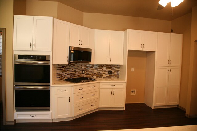10133 Sanden, Mckinney, TX 75072 - kitchen with ceiling fan, light countertops, white cabinetry, appliances with stainless steel finishes, and backsplash