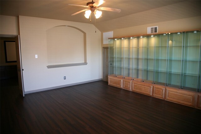 10133 Sanden, Mckinney, TX 75072 - unfurnished living room featuring a ceiling fan, visible vents, vaulted ceiling, wood finished floors, and baseboards