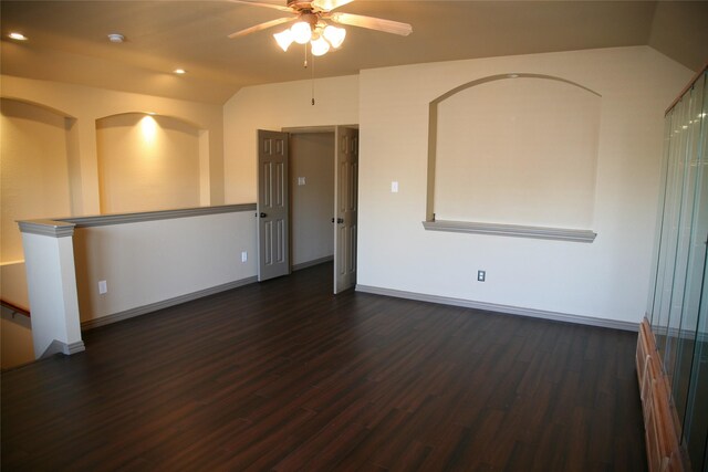 10133 Sanden, Mckinney, TX 75072 - empty room with a ceiling fan, baseboards, lofted ceiling, recessed lighting, and dark wood-type flooring