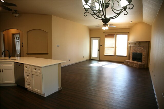 10133 Sanden, Mckinney, TX 75072 - kitchen with arched walkways, a sink, ceiling fan with notable chandelier, open floor plan, and dishwashing machine