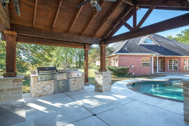 view of pool with a gazebo, grilling area, area for grilling, and ceiling fan