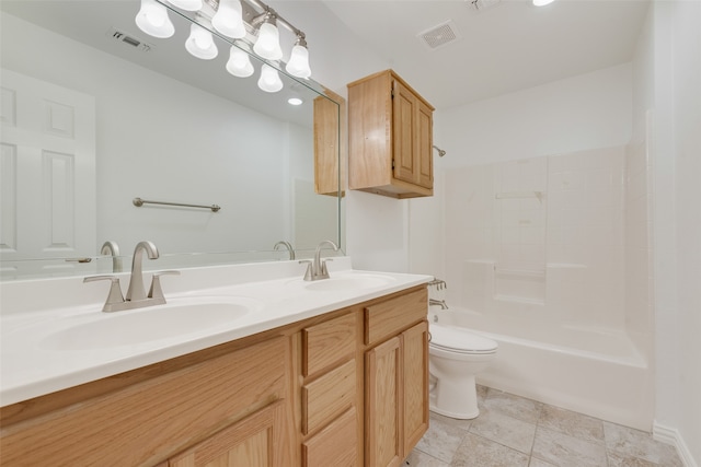 full bathroom with tile patterned flooring, shower / bathing tub combination, vanity, and toilet