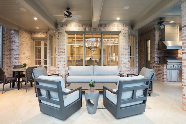 view of patio featuring an outdoor hangout area, a grill, ceiling fan, and an outdoor kitchen