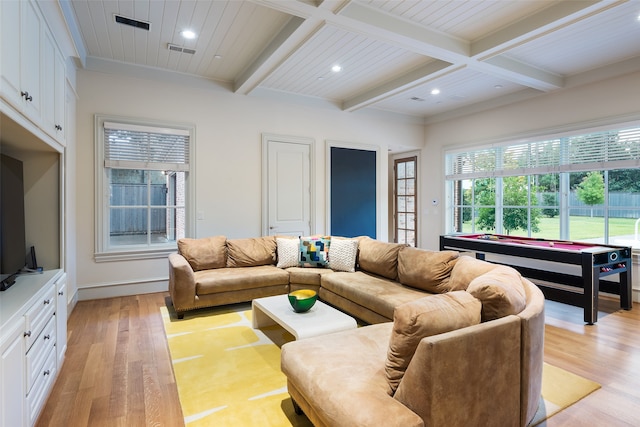 living room featuring coffered ceiling, billiards, beamed ceiling, light hardwood / wood-style floors, and wood ceiling