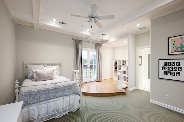 carpeted bedroom featuring coffered ceiling, ceiling fan, ornamental molding, and french doors