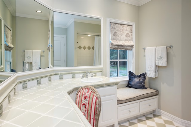 bathroom featuring crown molding, vanity, and a shower with shower curtain