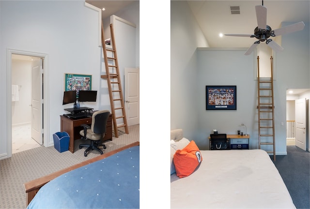 carpeted bedroom with connected bathroom, ceiling fan, and a towering ceiling