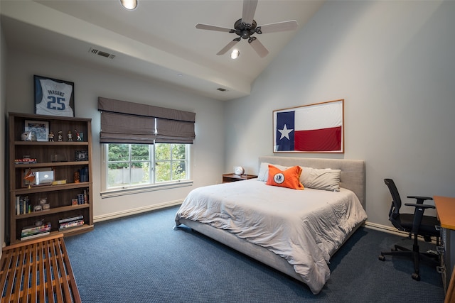 bedroom with carpet floors, high vaulted ceiling, and ceiling fan