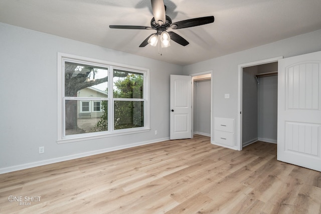 unfurnished bedroom featuring a closet, ceiling fan, and light hardwood / wood-style flooring