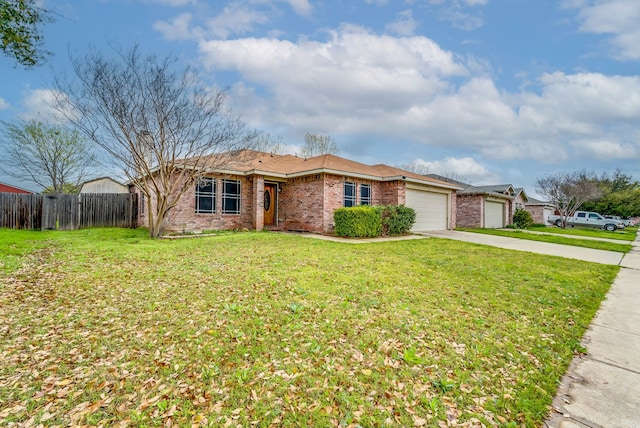 ranch-style home with a garage and a front lawn