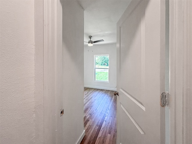 corridor with dark wood-style floors and baseboards