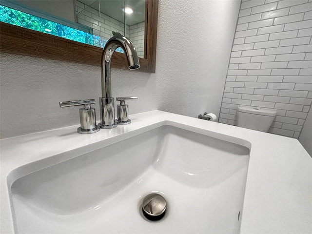 details featuring toilet, vanity, and a textured wall