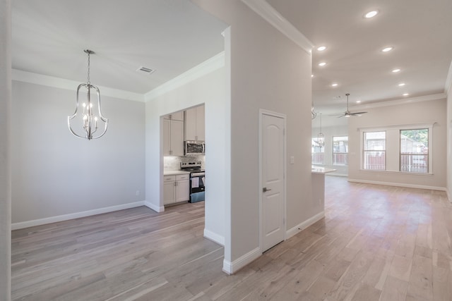 interior space featuring crown molding, ceiling fan with notable chandelier, and light wood-type flooring