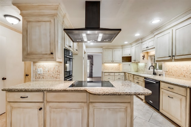 kitchen featuring sink, backsplash, island exhaust hood, light tile patterned floors, and black appliances